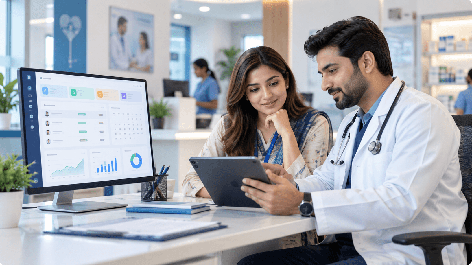Doctor reviewing patient records on a tablet beside an eHealthMatrix dashboard